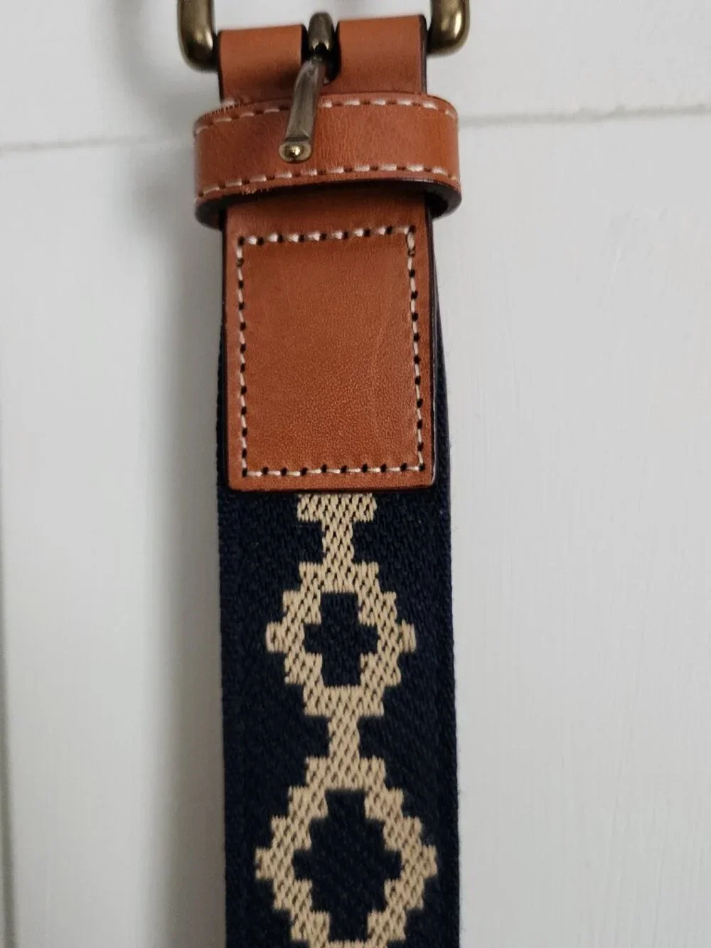 Orvis Mens Belt Leather Belt with Navy/Tan  Fabric Size 38